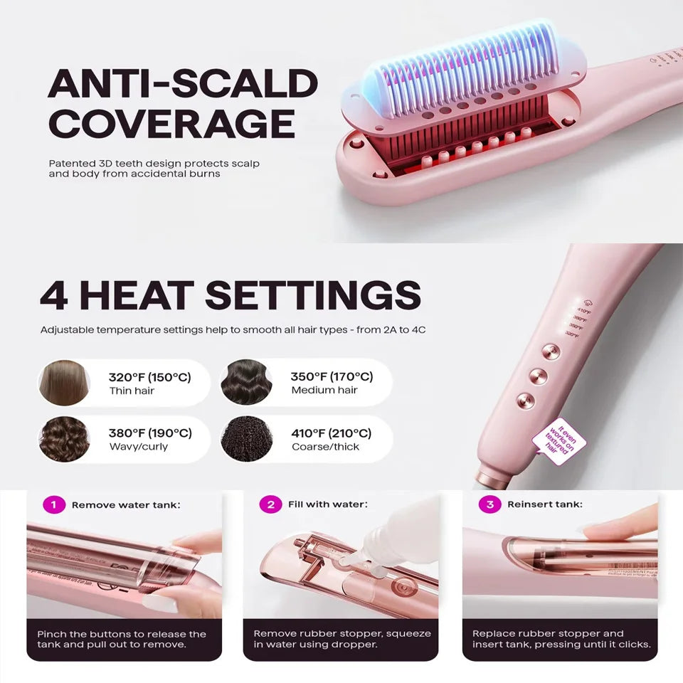 Brosse Lissante Vapeur Portable — Chauffage PTC & Spray Nano