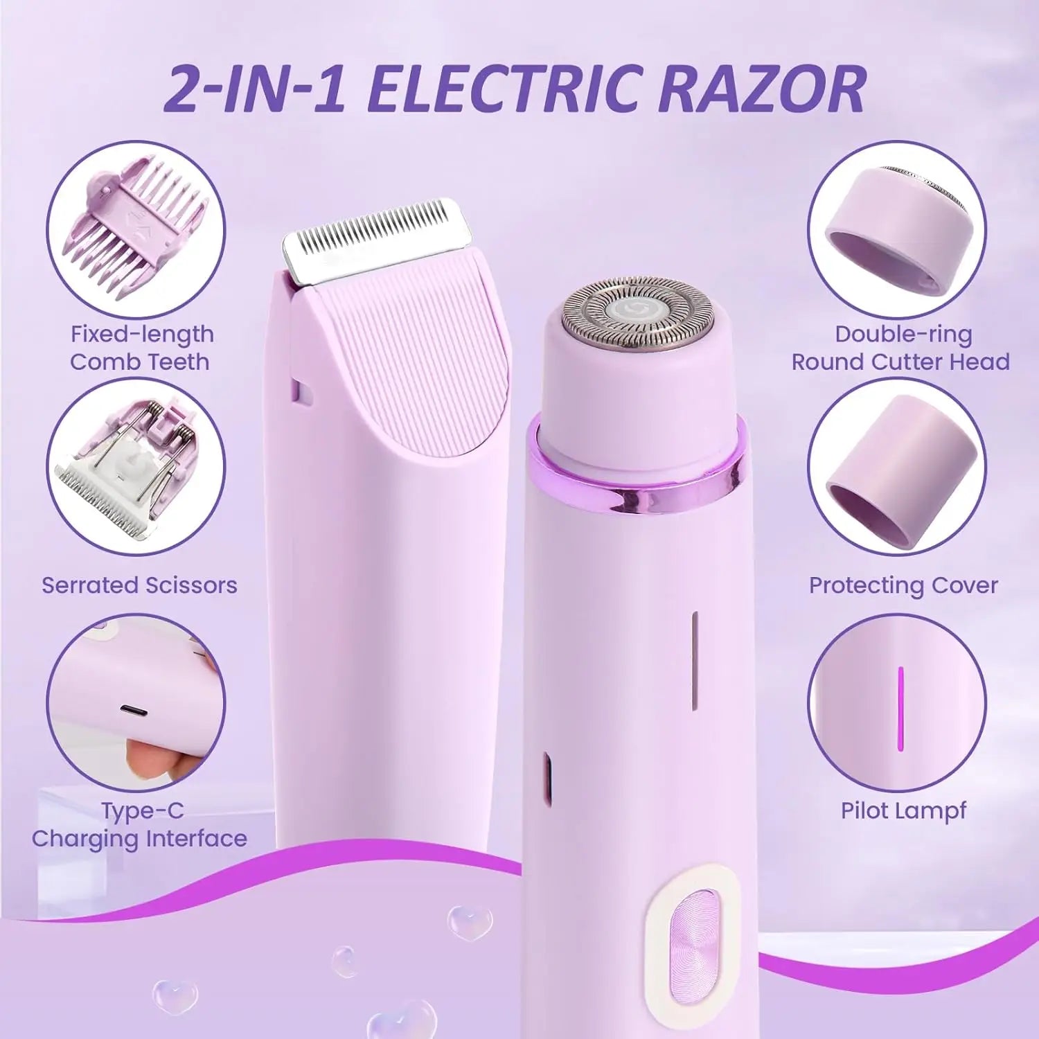Rasoir Électrique Femme 2 en 1 – Tondeuse Bikini Étanche IPX7, Usage Sec & Humide