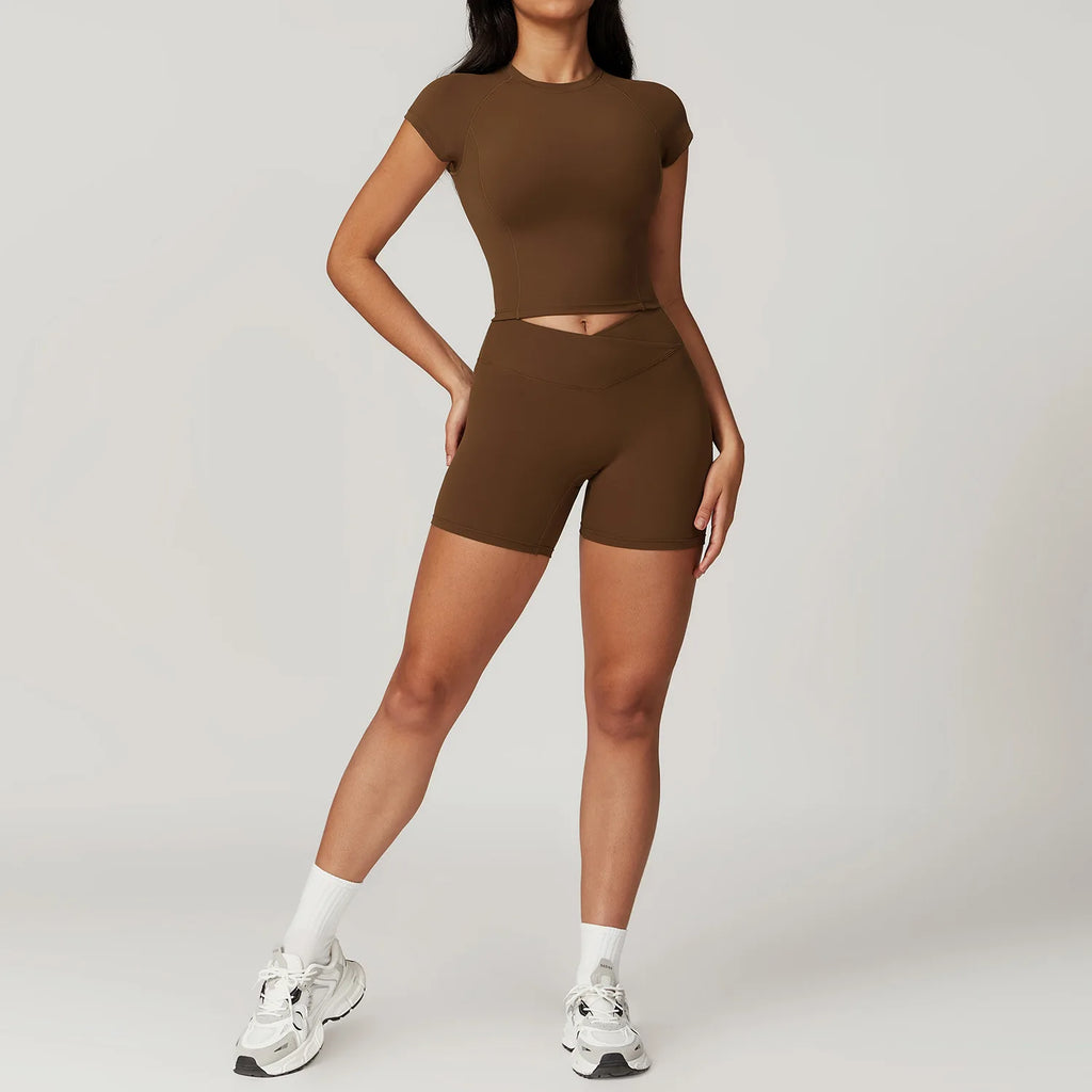 Ensemble Sportswear Yoga Femme 2 Pièces – Crop Top Manches Courtes + Legging Taille Haute