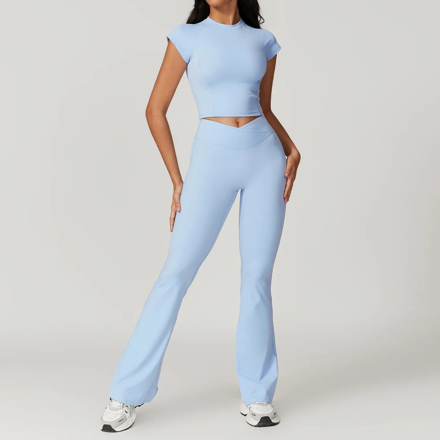 Ensemble Sportswear Yoga Femme 2 Pièces – Crop Top Manches Courtes + Legging Taille Haute