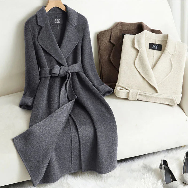 Manteau Long Femme Double Face Cachemire et Laine – Coupe Slim avec Ceinture, Automne Hiver