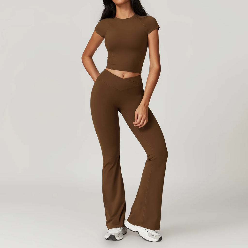 Ensemble Sportswear Yoga Femme 2 Pièces – Crop Top Manches Courtes + Legging Taille Haute