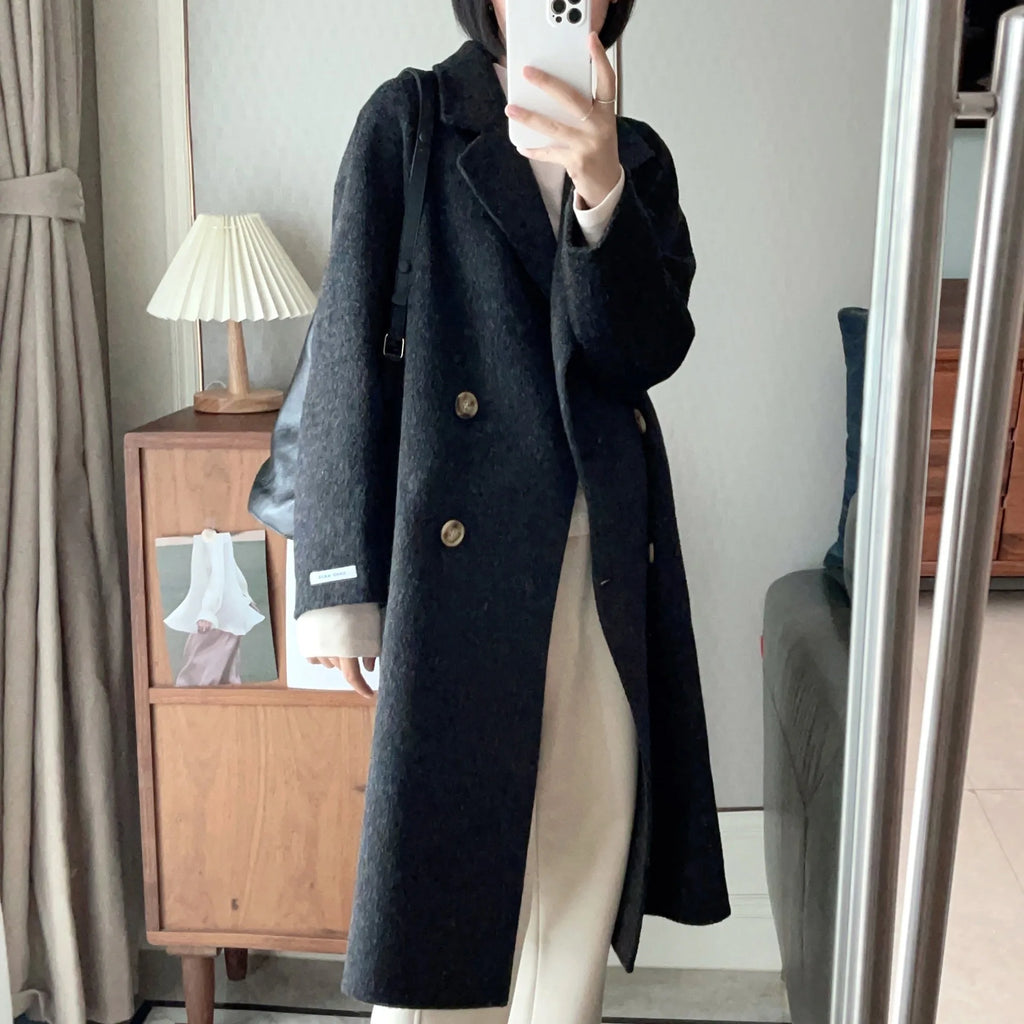 Manteau Long en Laine Femme – Double Boutonnage, Style Ample, Cachemire Automne Hiver