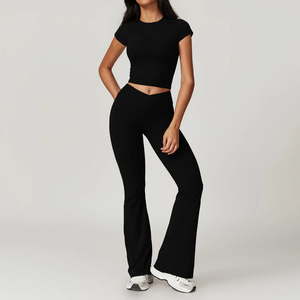 Ensemble Sportswear Yoga Femme 2 Pièces – Crop Top Manches Courtes + Legging Taille Haute
