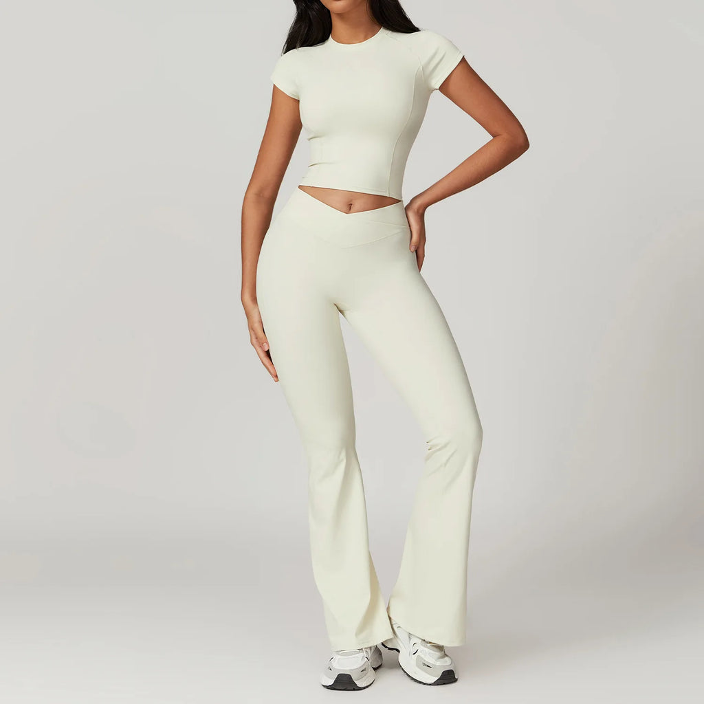 Ensemble Sportswear Yoga Femme 2 Pièces – Crop Top Manches Courtes + Legging Taille Haute