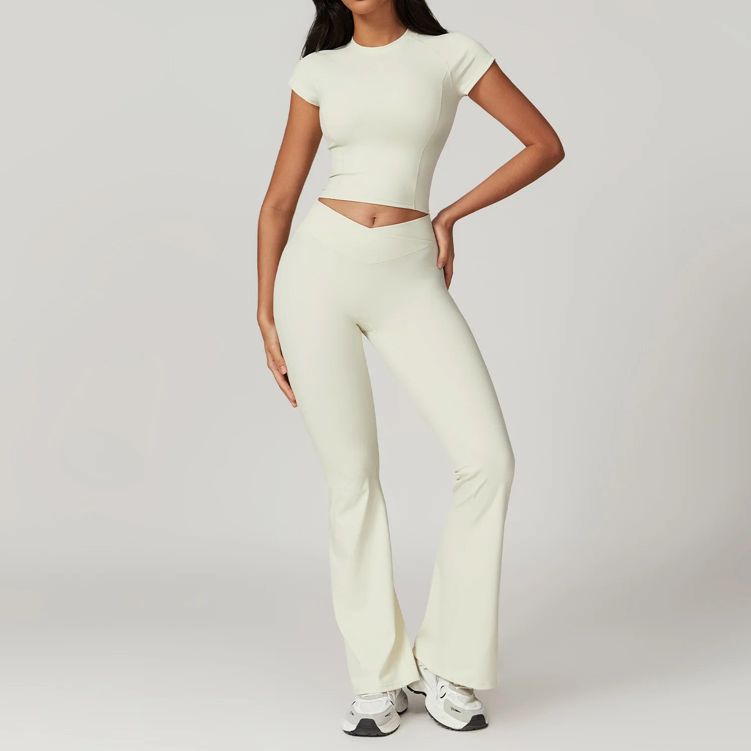 Ensemble Sportswear Yoga Femme 2 Pièces – Crop Top Manches Courtes + Legging Taille Haute
