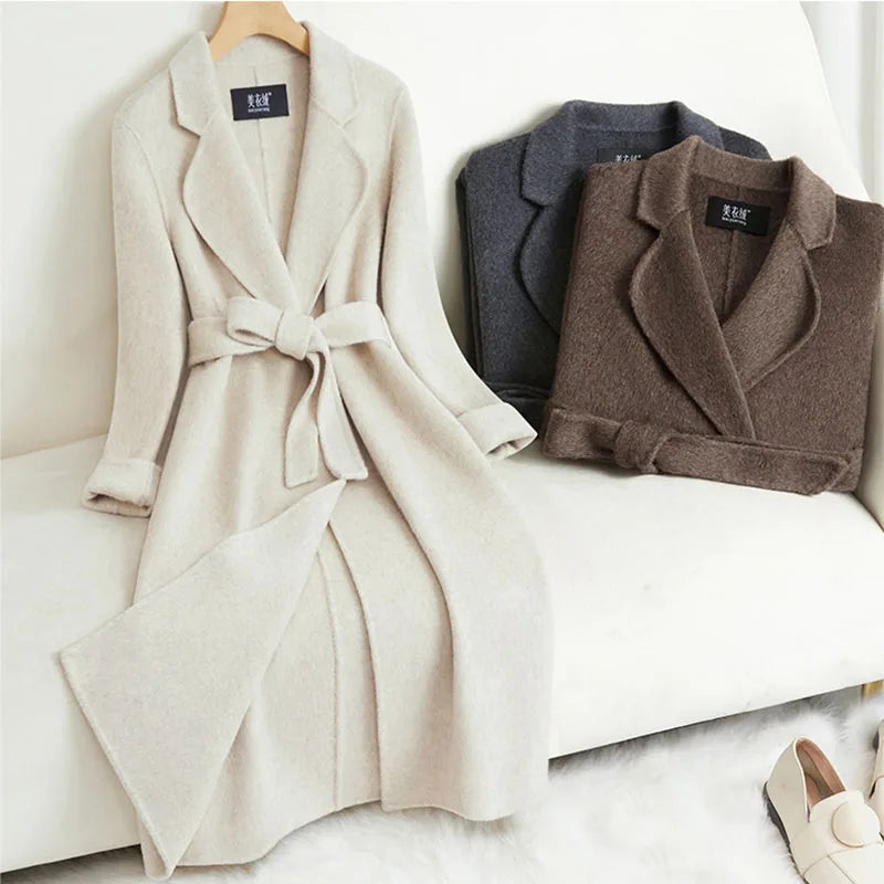 Manteau Long Femme Double Face Cachemire et Laine – Coupe Slim avec Ceinture, Automne Hiver