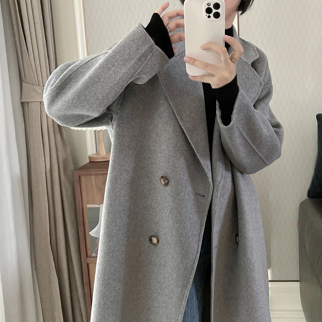 Manteau Long en Laine Femme – Double Boutonnage, Style Ample, Cachemire Automne Hiver