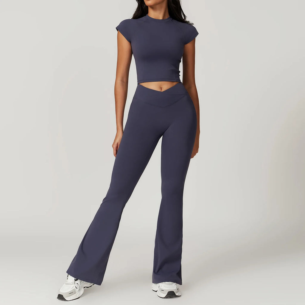 Ensemble Sportswear Yoga Femme 2 Pièces – Crop Top Manches Courtes + Legging Taille Haute
