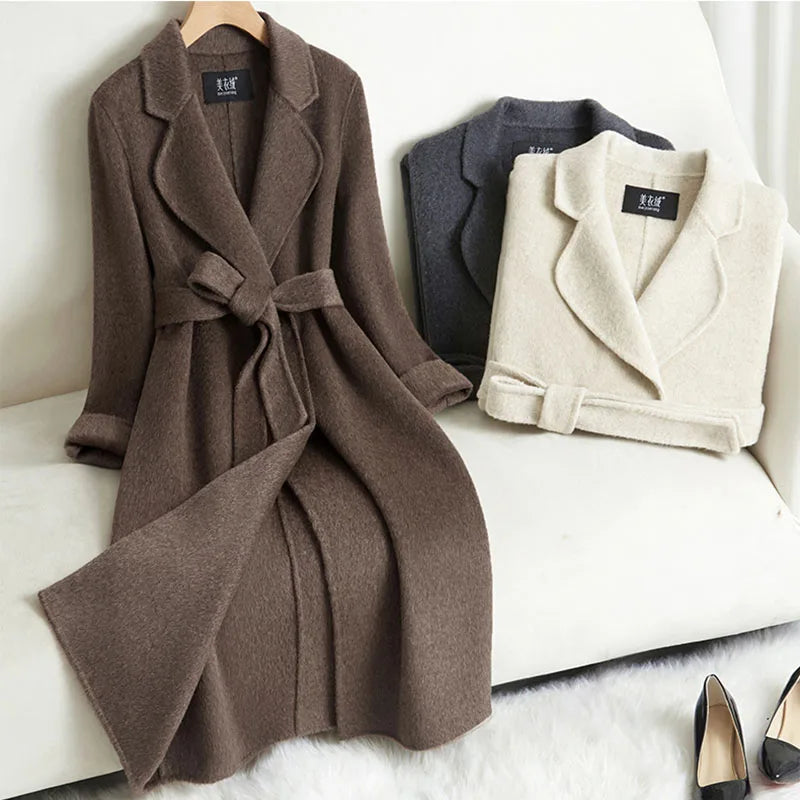 Manteau Long Femme Double Face Cachemire et Laine – Coupe Slim avec Ceinture, Automne Hiver