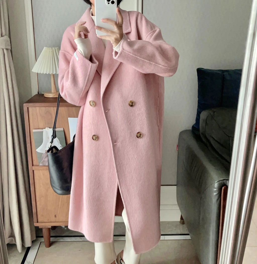 Manteau Long en Laine Femme – Double Boutonnage, Style Ample, Cachemire Automne Hiver