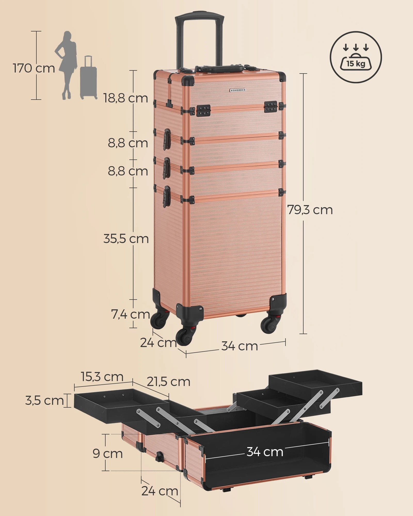 Valise Maquillage Professionnelle 4-en-1 SONGMICS – XXL Dorée - ScopBazar
