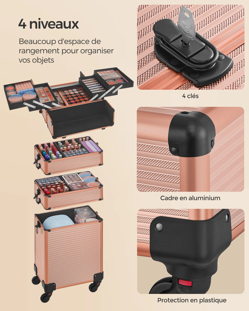 Valise Maquillage Professionnelle 4-en-1 SONGMICS – XXL Dorée - ScopBazar