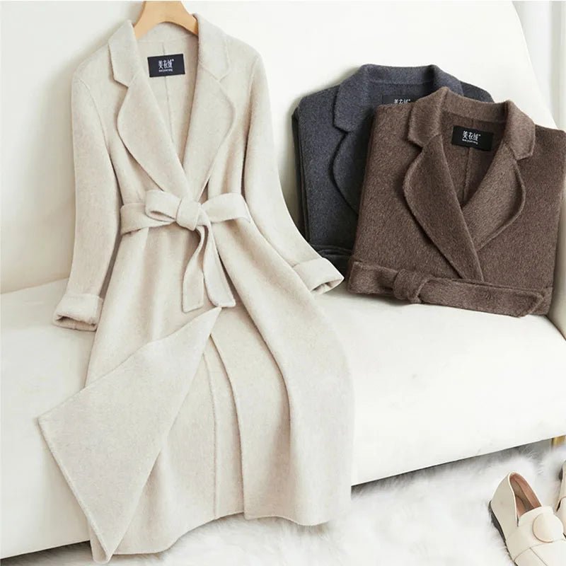Manteau Long Femme Double Face Cachemire et Laine – Coupe Slim avec Ceinture, Automne Hiver - ScopBazar