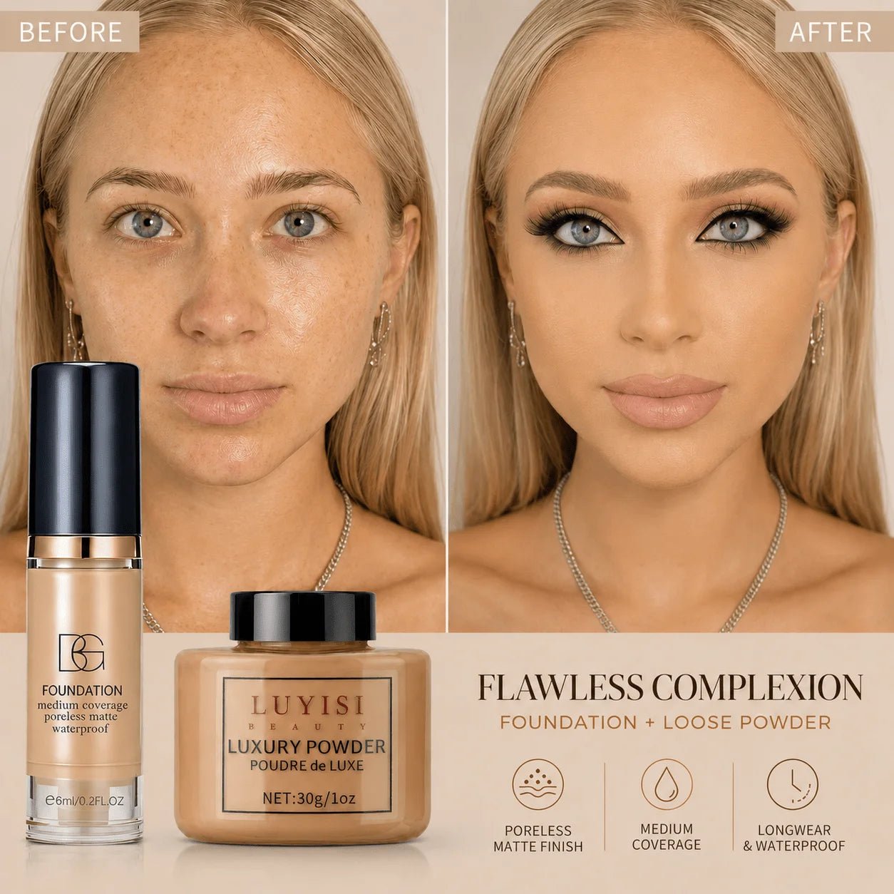 Set Maquillage Teint : Poudre Libre Mate + Fond de Teint Waterproof - ScopBazar