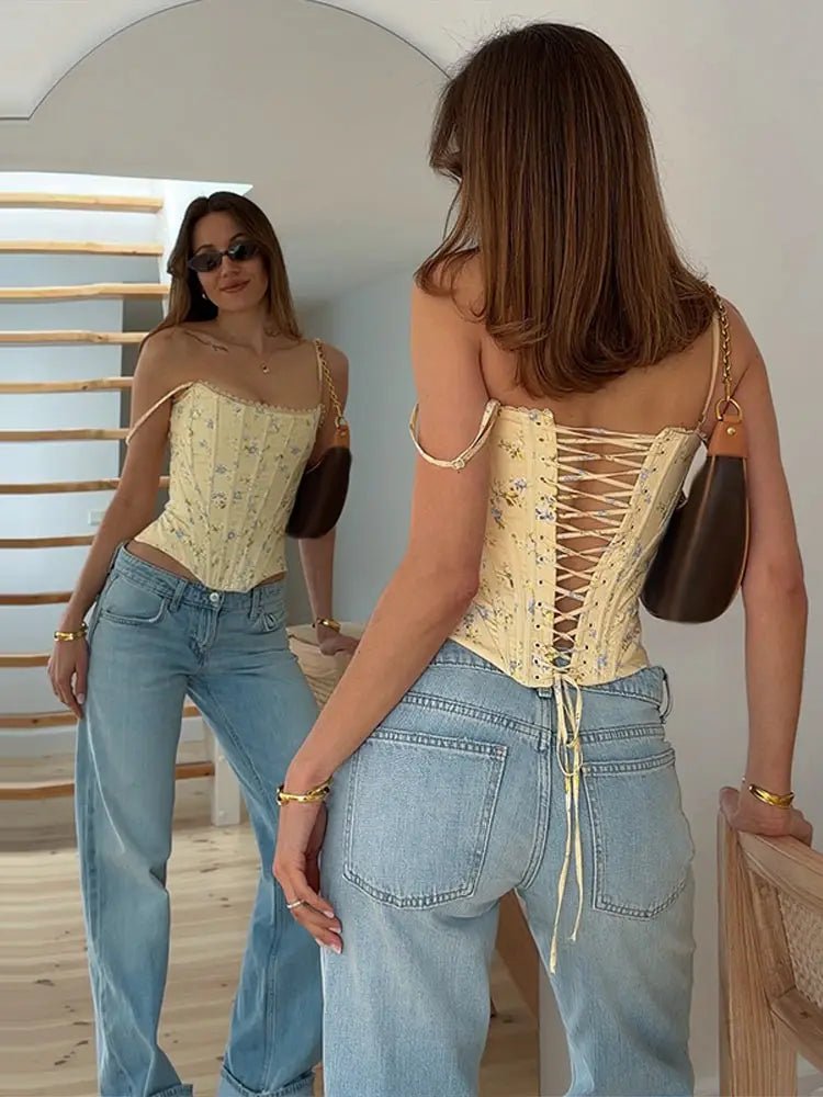 Top Sans Manches Femme – Imprimé Floral, Dos Lacé, Coupe Slim Gainante, Été 2026 - ScopBazar